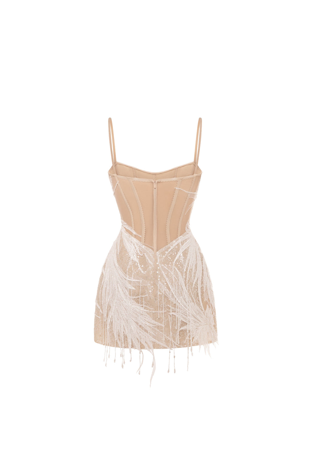 Beige lace corset mini dress embellished with sequins and fringes