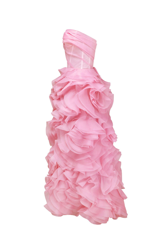 Voluminous rose appliques pink maxi dress, Garden of Eden