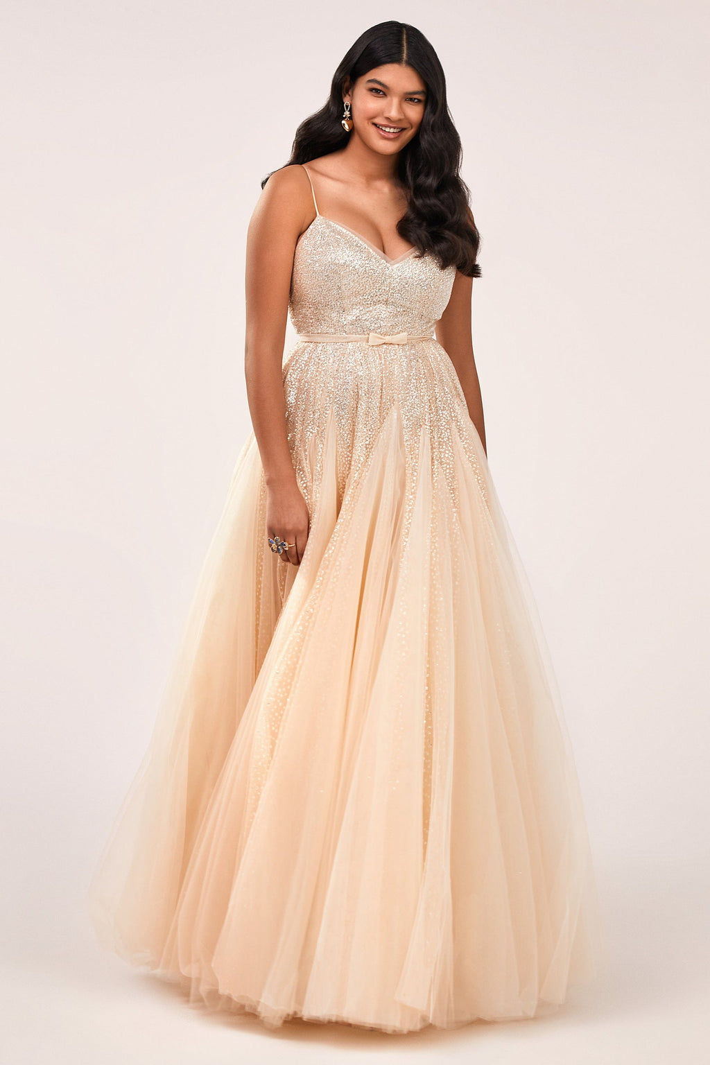 Melon Fitted maxi tulle dress sprinkled with glitter
