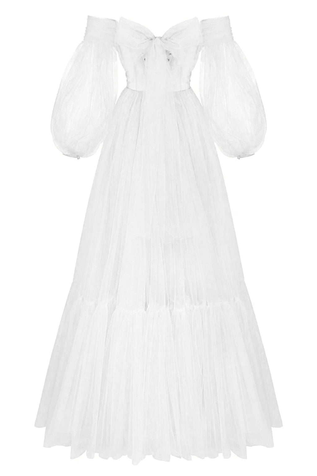 White Sheer Sleeves Maxi Tulle Dress