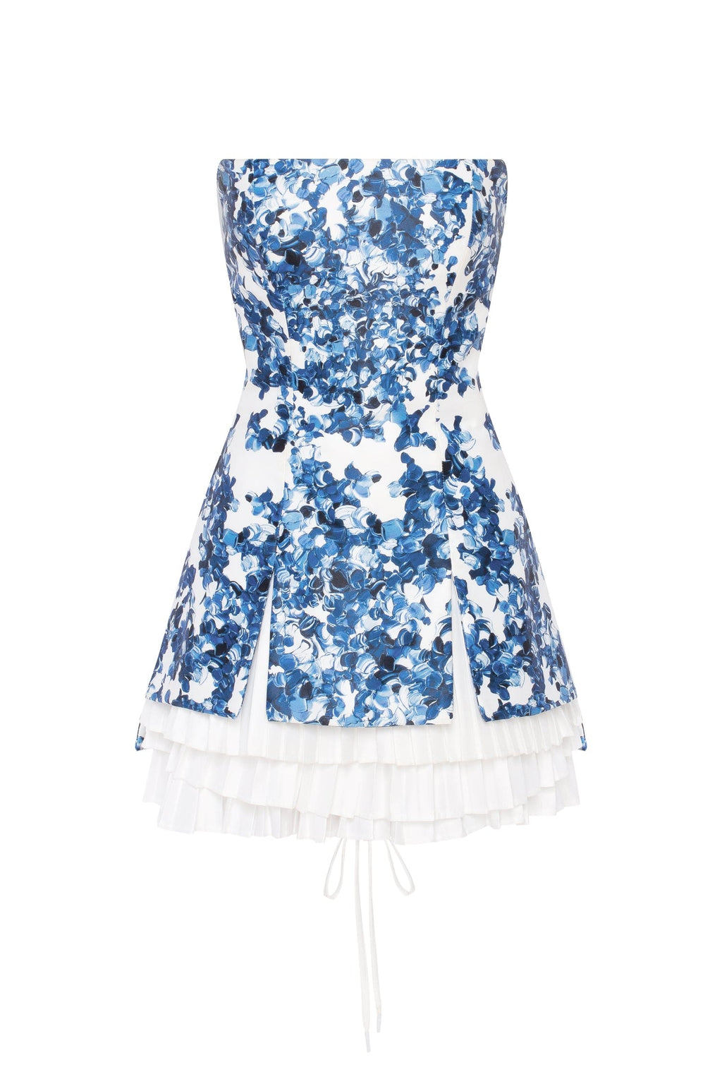 Strapless blue hydrangea mini dress with accent lacing