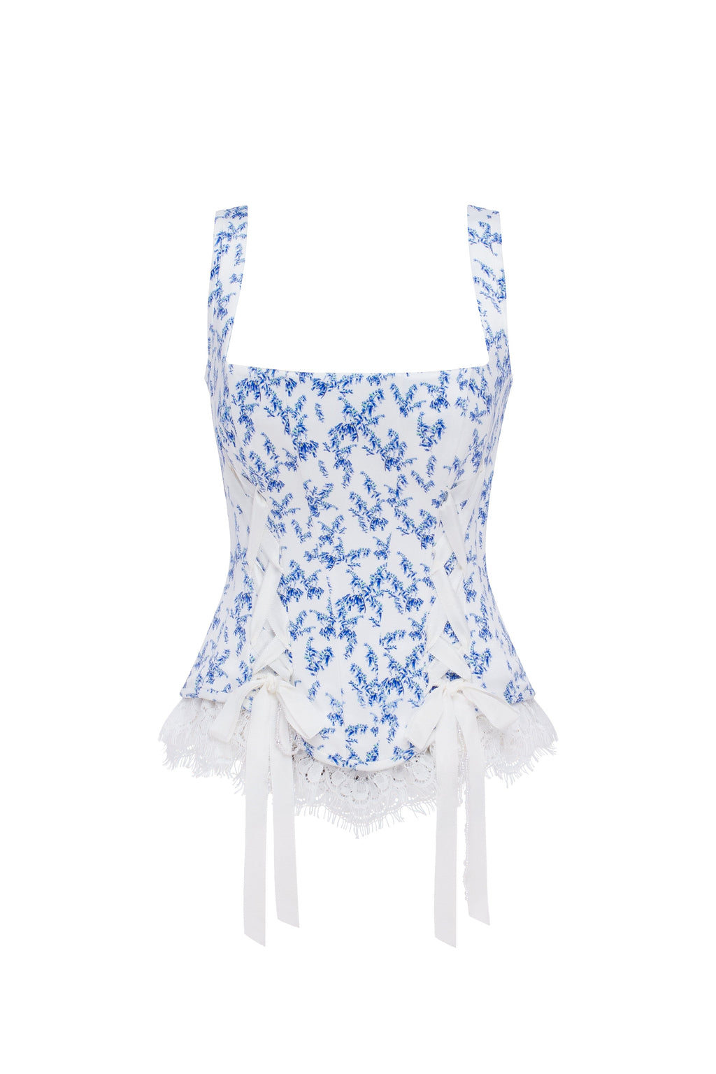 Blue lavender corset on straps with bows and ribbon lacing