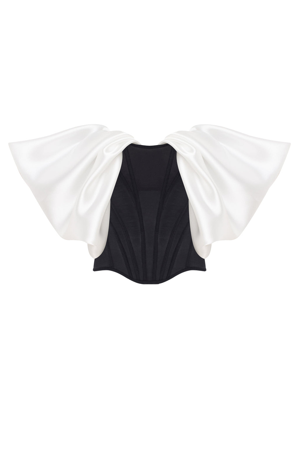 Sophisticated black fitted corset with white satin off-the-shoulder sleeves, Midnight Walk