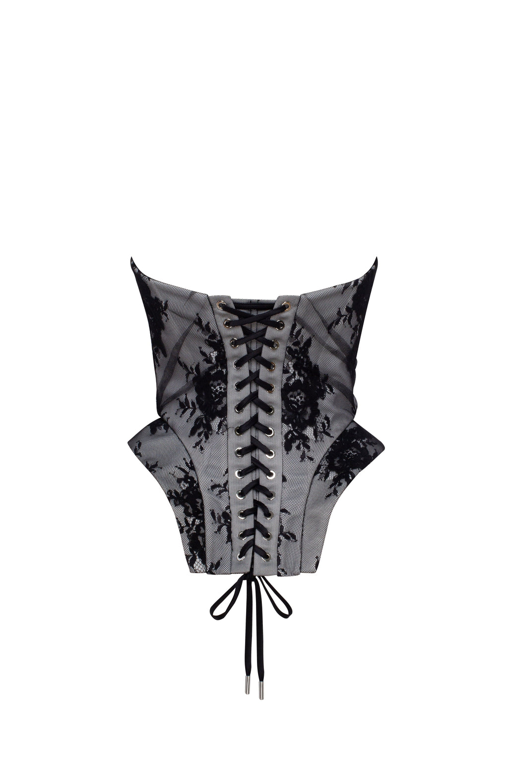 Black lace over the white mesh peplum corset with an oversized bow, Parisienne
