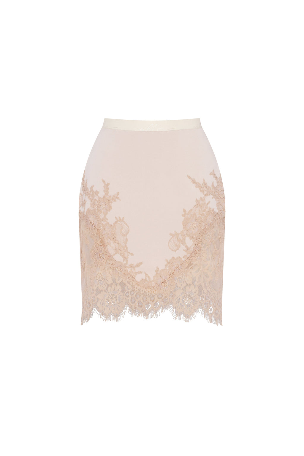 Fitted beige mini skirt adorned with lace, Parisienne