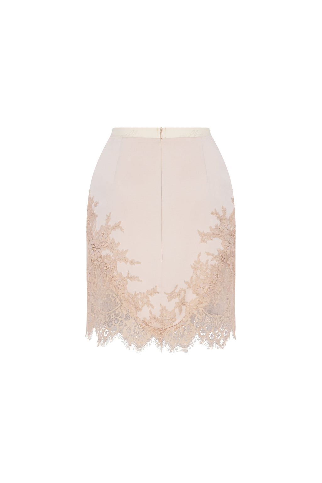 Fitted beige mini skirt adorned with lace, Parisienne