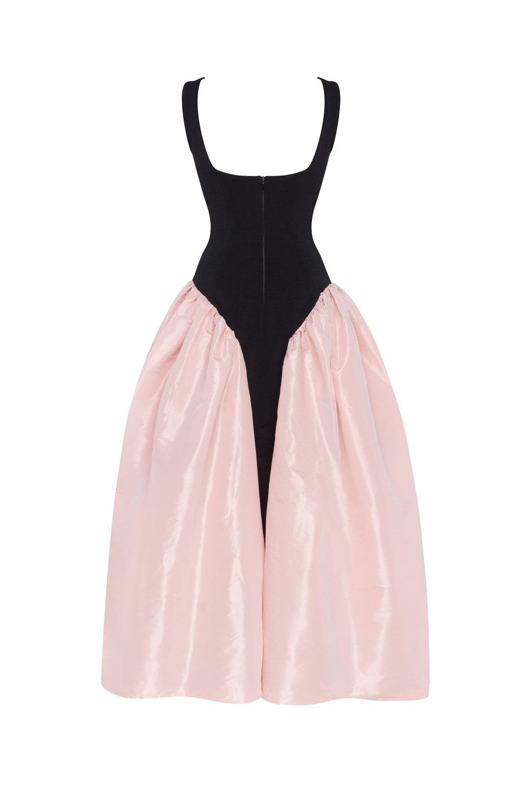 Black corset dress on straps with a glossy pink midi skirt