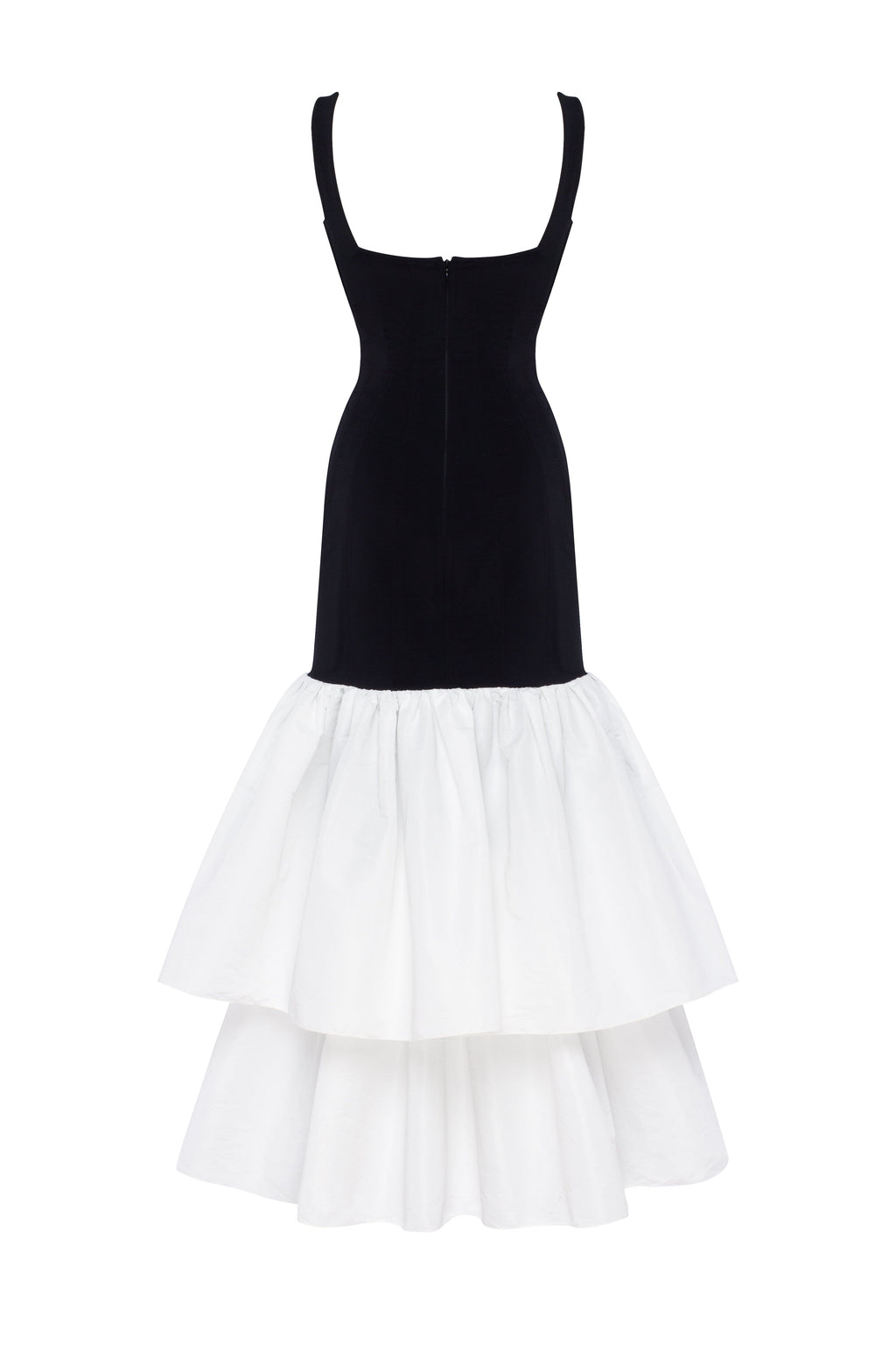 Black fitted maxi dress with white puffy tiered skirt, Parisienne