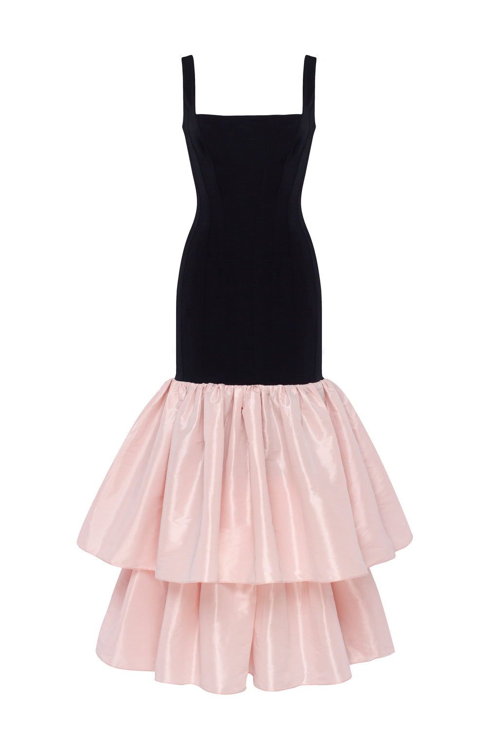 Black fitted maxi dress with pink puffy tiered skirt, Parisienne