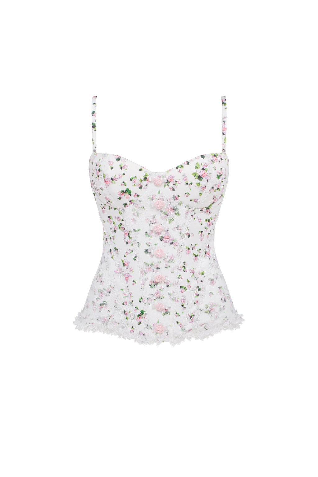 Romantic apple blossom corset with rosebud appliques