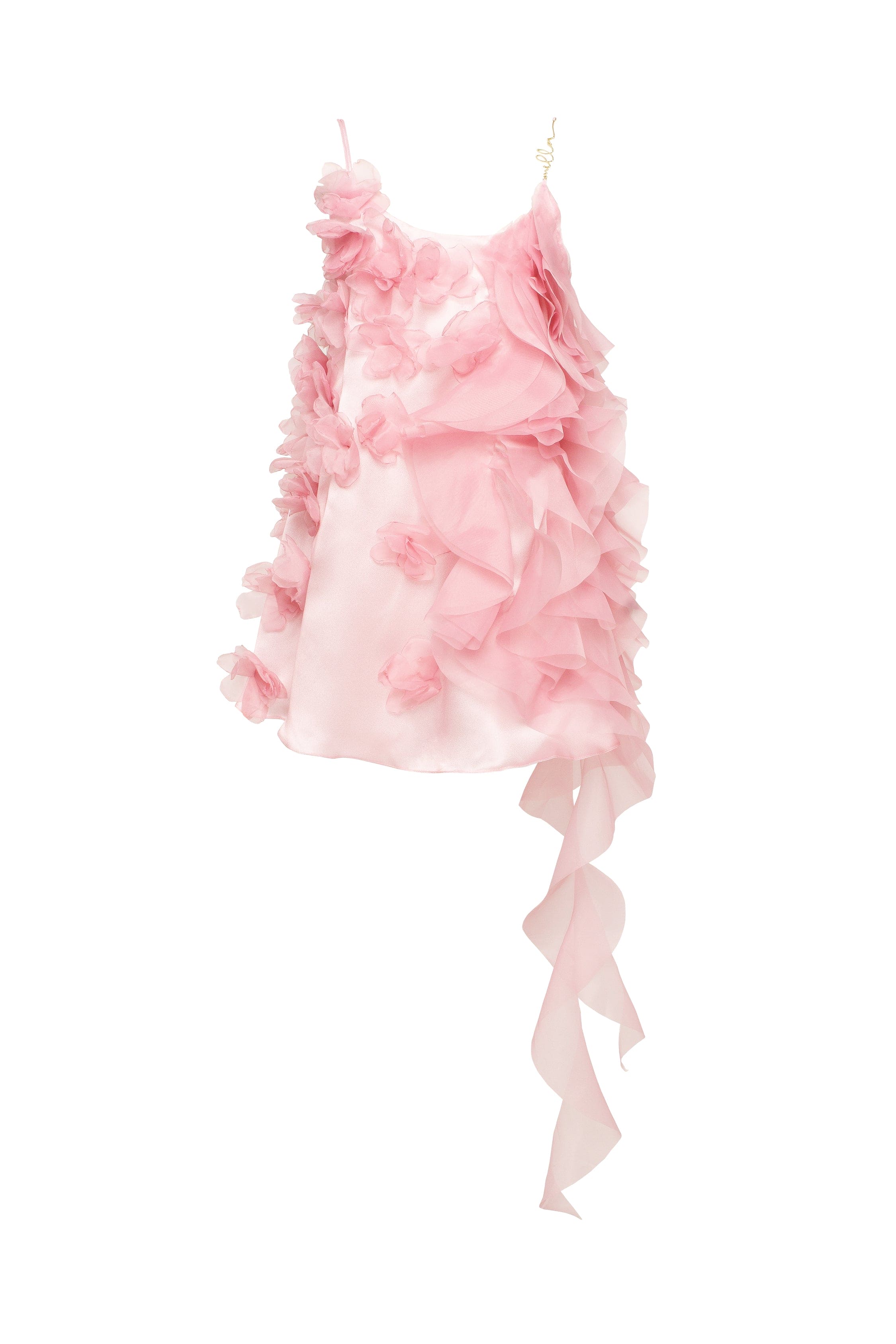 Romantic ruffled pink mini dress with rose appliques, Garden of Eden