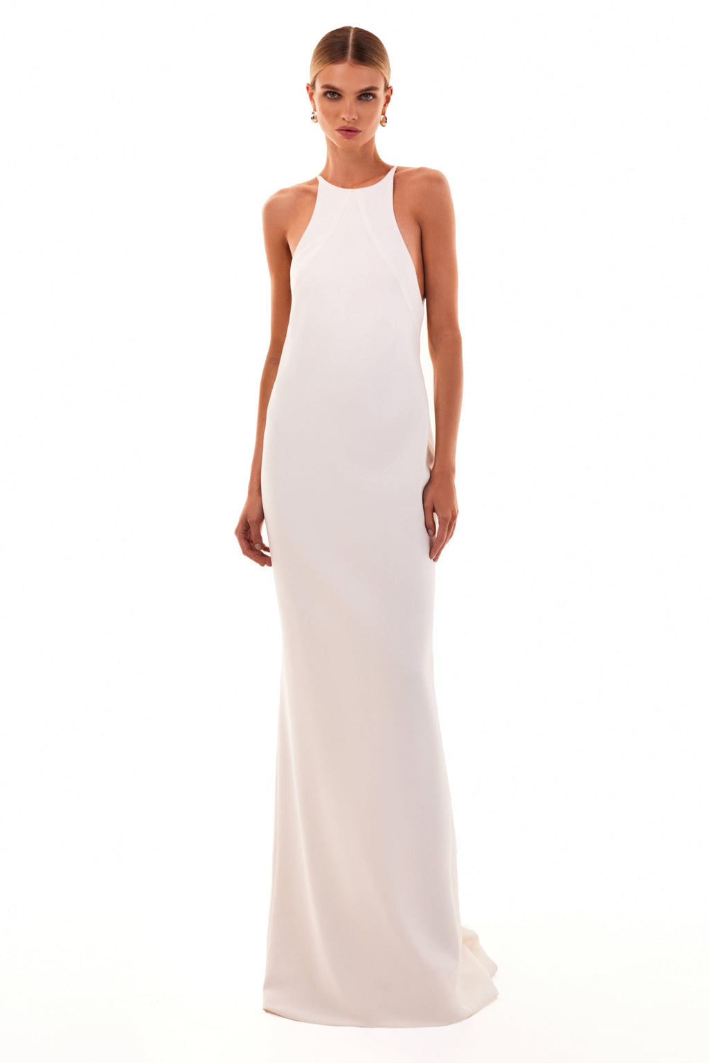 Lustrous white halterneck maxi dress