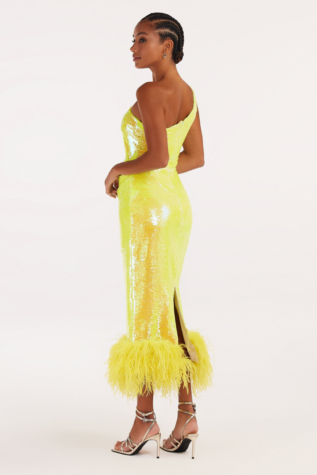 Vivid one-shoulder yellow sparkling wrapped midi dress