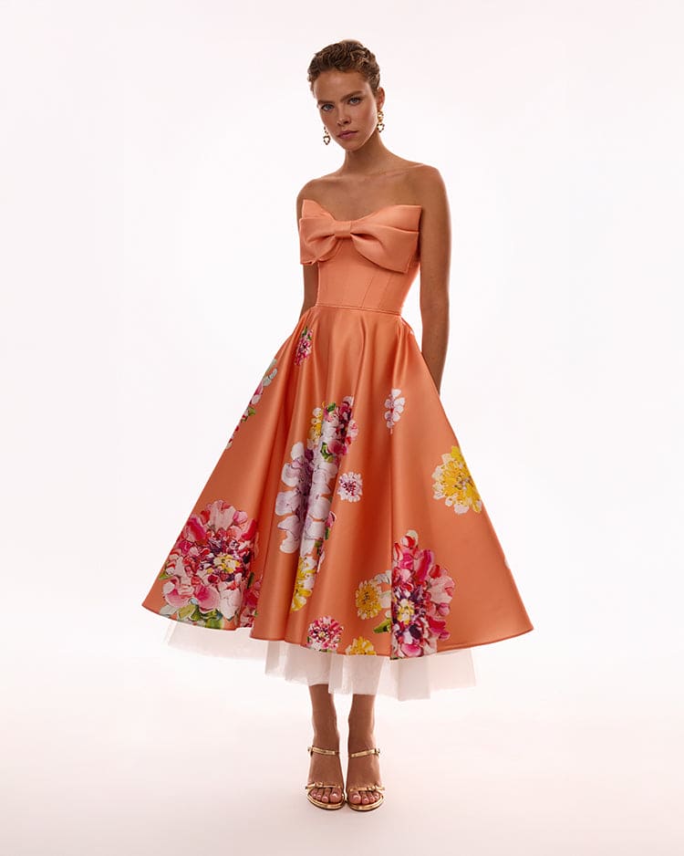 Playful orange floral midi dress with bow, Glow-Up