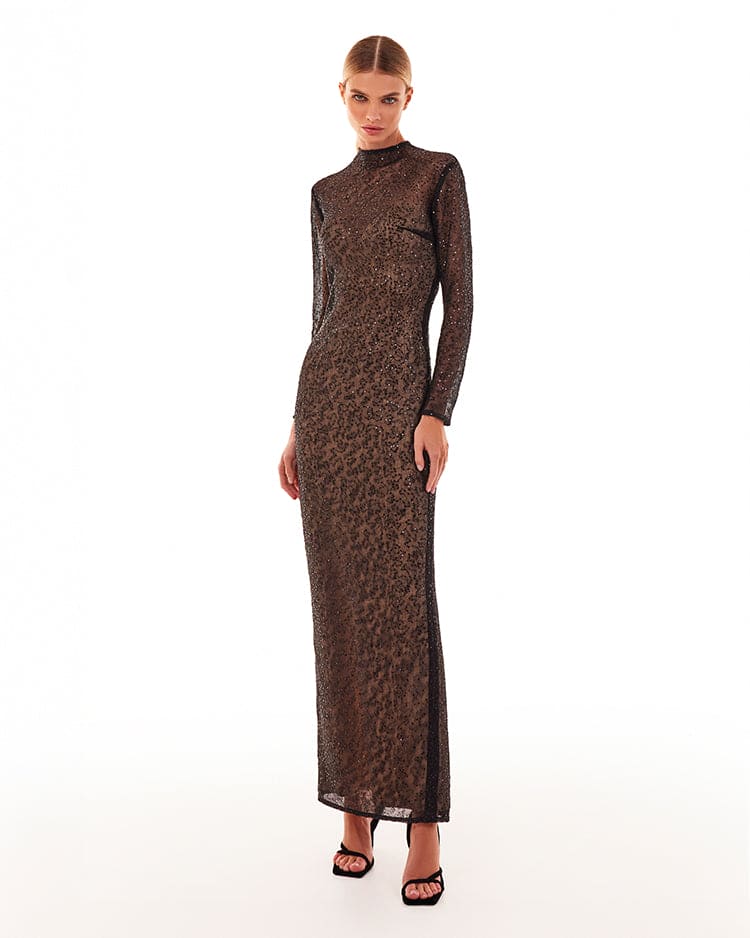 Crystal-embellished striking maxi dress