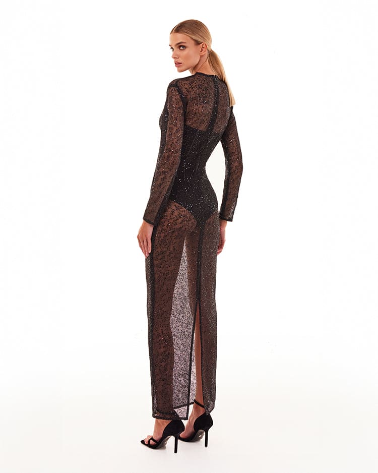 Crystal-embellished striking maxi dress