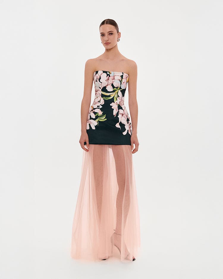 2-in-1 floral mini with a detachable light peach underskirt
