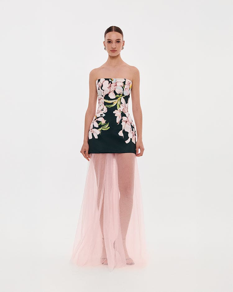 2-in-1 floral mini with a detachable candy pink sheer underskirt
