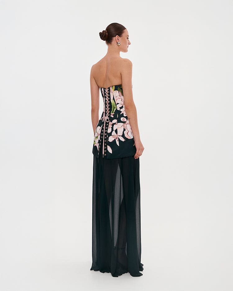 2-in-1 floral mini with a detachable deep ocean green underskirt