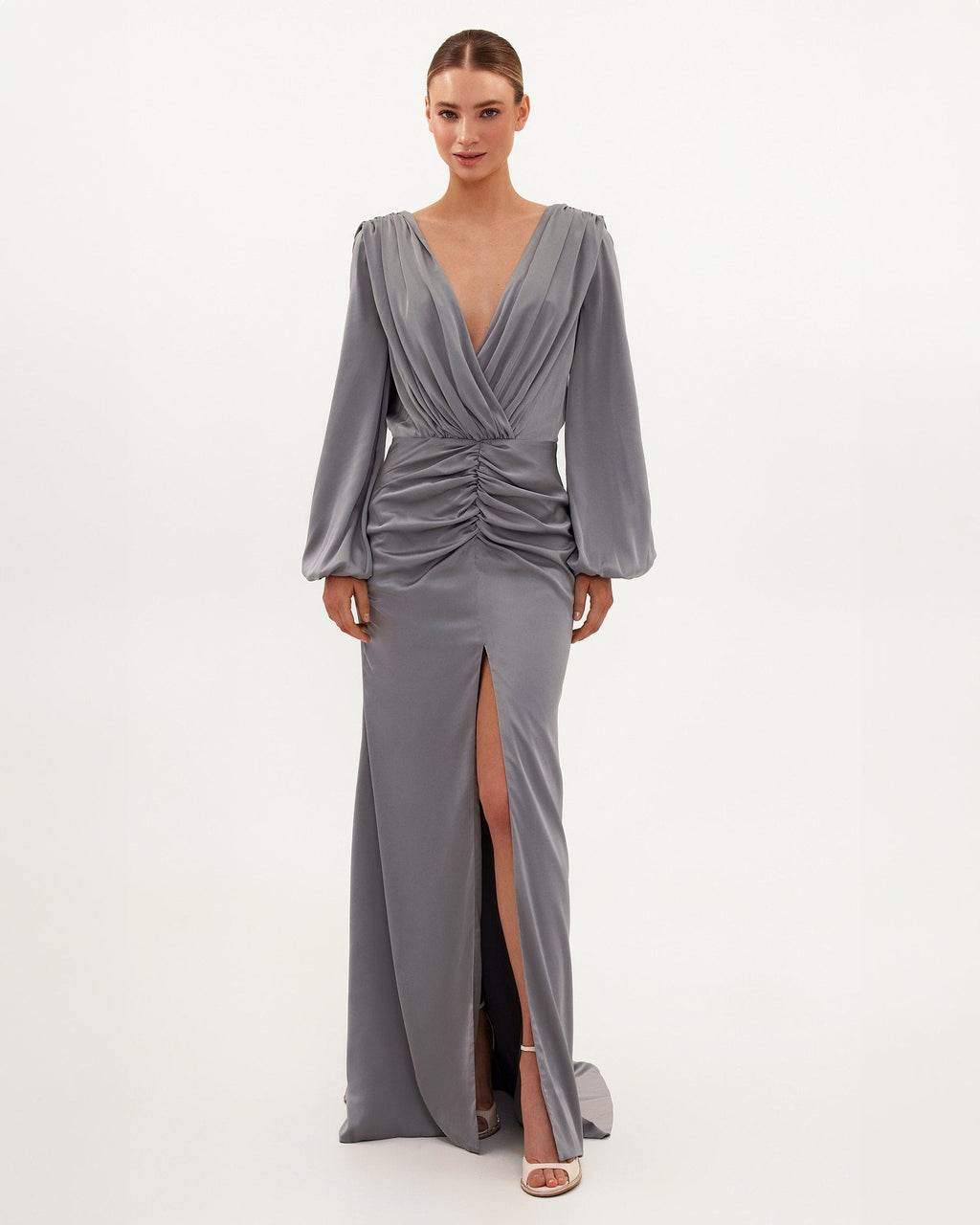 Fancy silver silk maxi evening dress