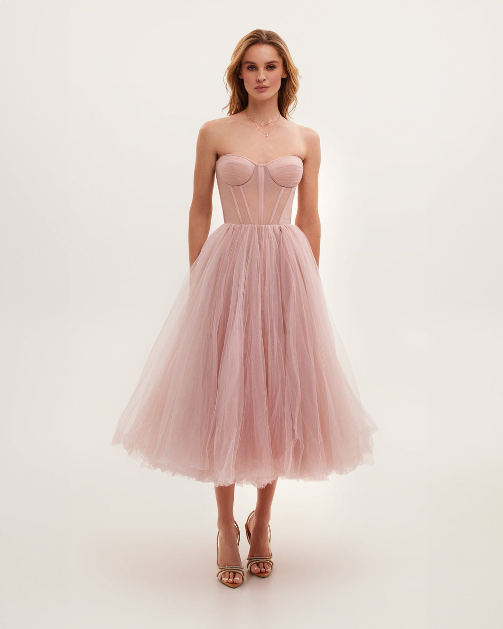 Misty Rose Strapless Puffy Midi Tulle Dress