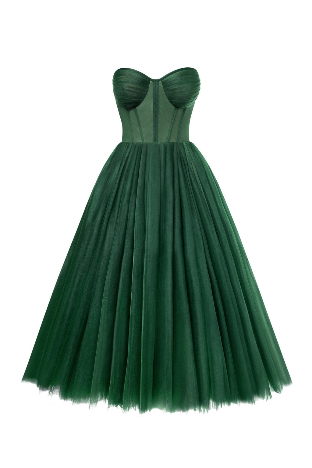 Emerald Green Strapless Puffy Midi Tulle Dress - Milla