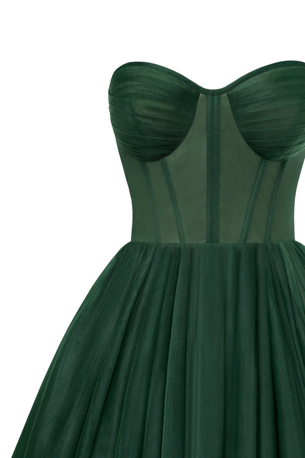 Emerald Green Strapless Puffy Midi Tulle Dress - Milla