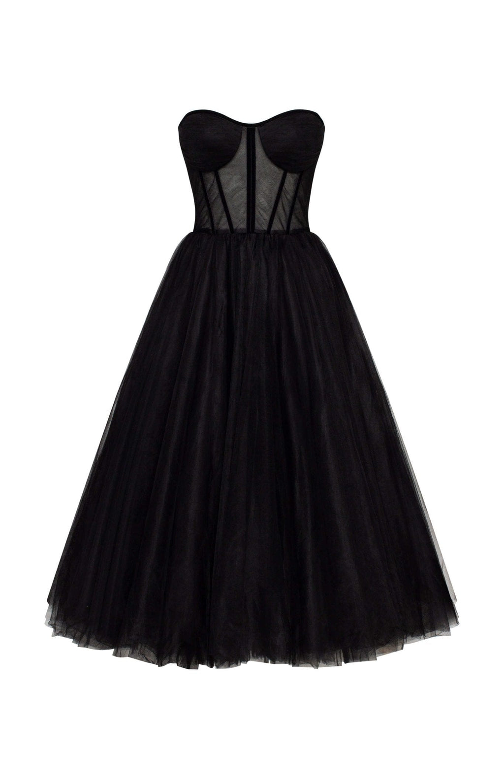Black Strapless Puffy Midi Tulle Dress - Milla