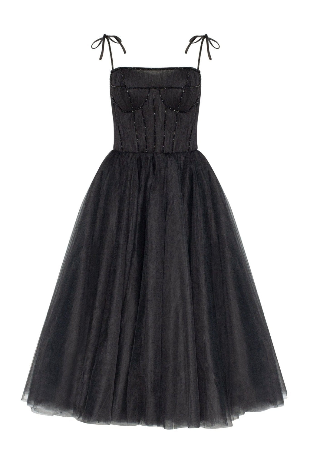 Black Tie-strap cocktail dress with the elegant corset embroidery - Milla