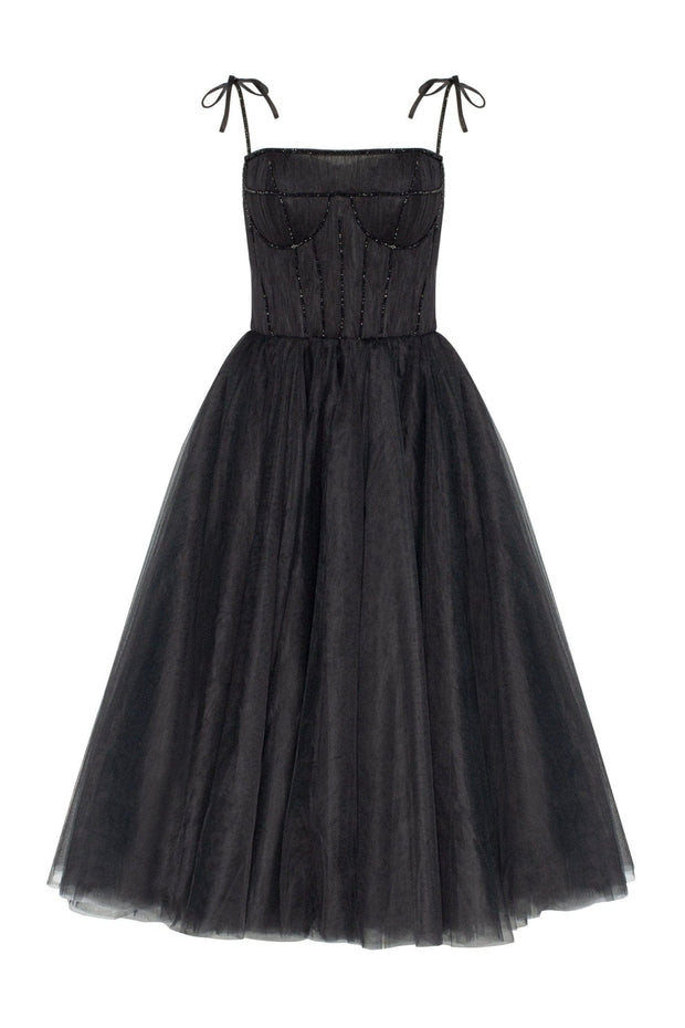 Black Tie-strap cocktail dress with the elegant corset embroidery - Milla