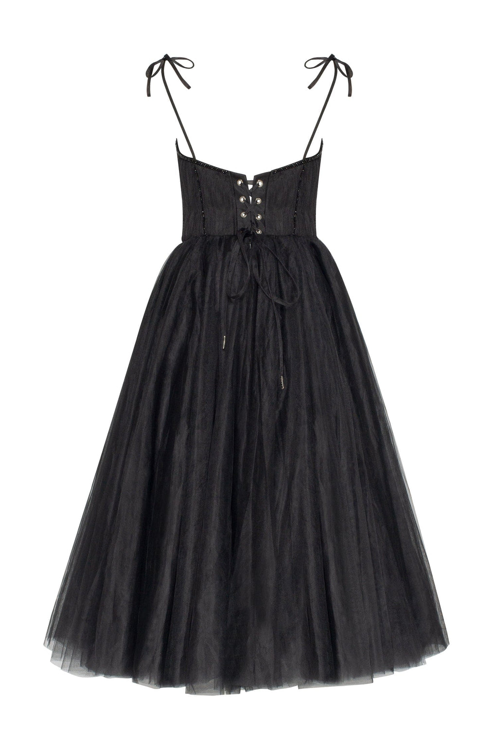Black Tie-strap cocktail dress with the elegant corset embroidery - Milla
