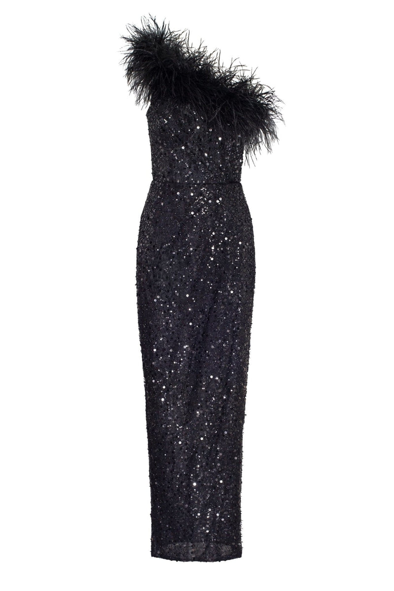 Striking oneshoulder maxi dress with feathers and sequins Milla