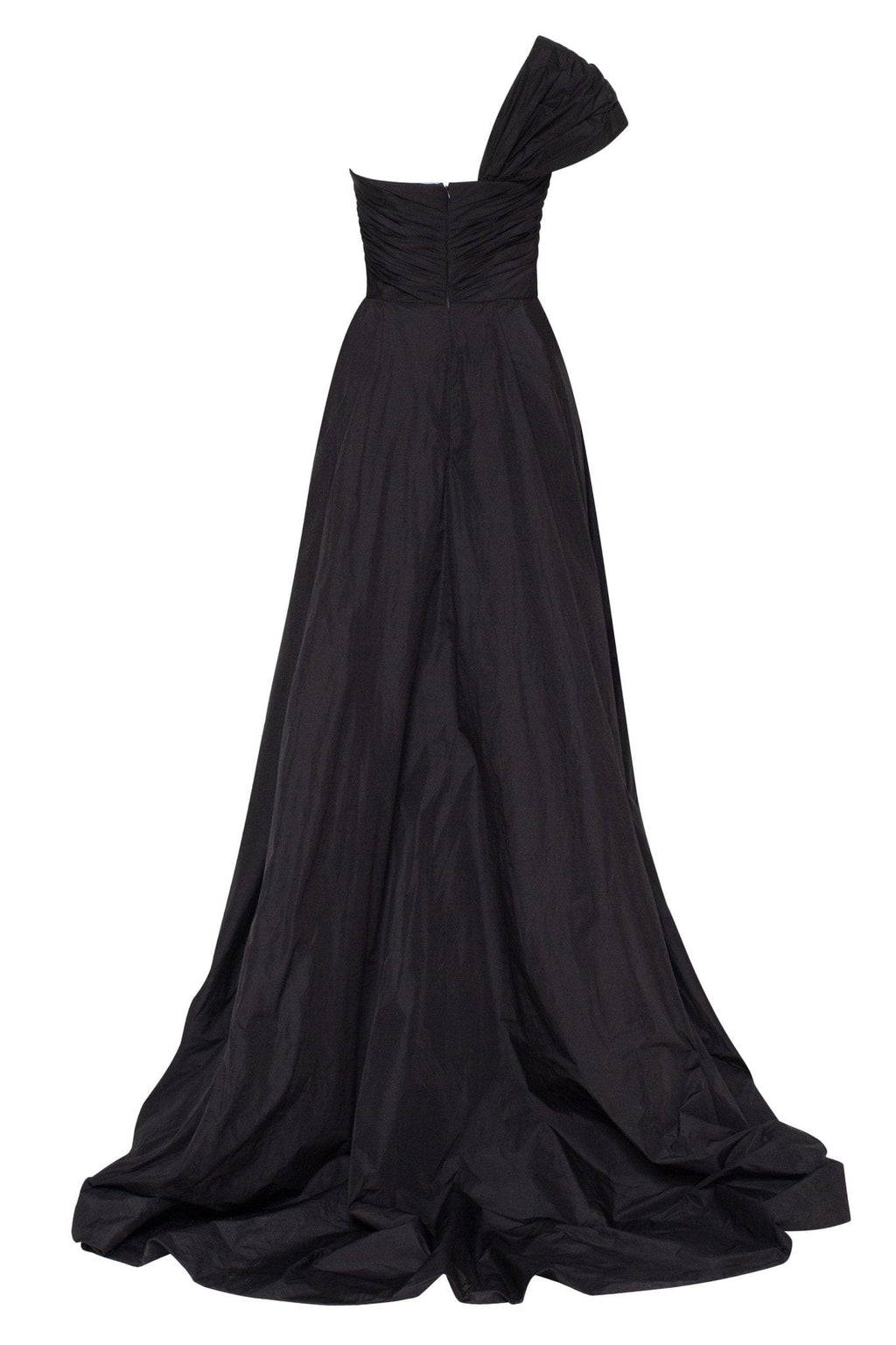 Black taffeta evening gown with a high slit and one-shoulder wrap top - Milla