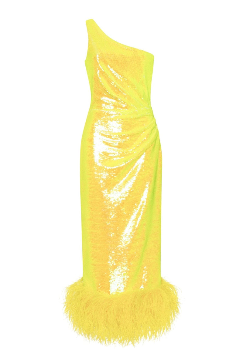 Vivid oneshoulder yellow sparkling wrapped midi dress Milla Dresses