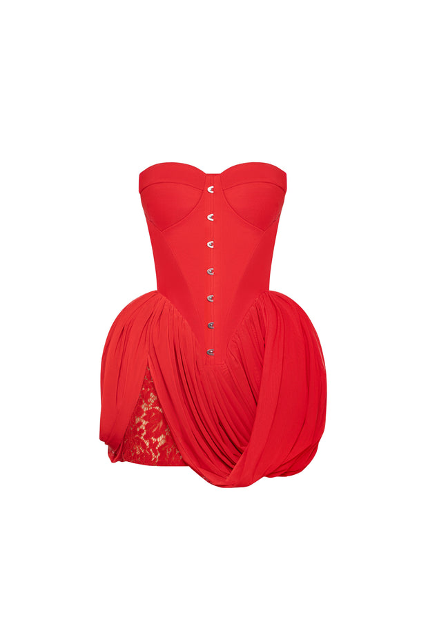 Red corset mini dress with draped skirt