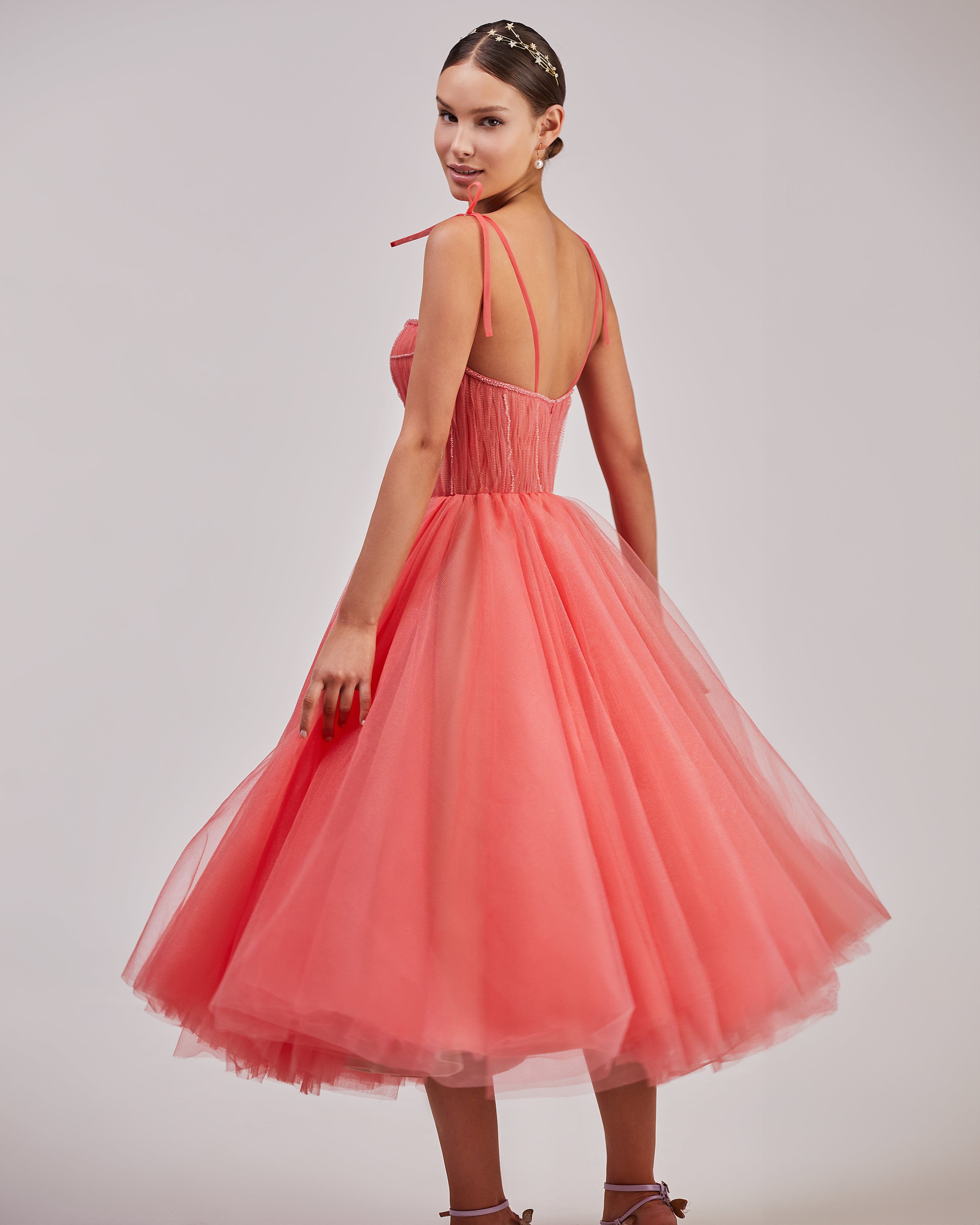 Coral Tie-strap cocktail dress with the elegant corset embroidery