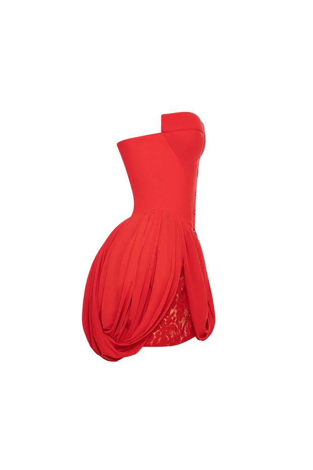 Red corset mini dress with draped skirt