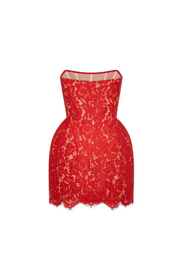 Fitted red lace mini dress
