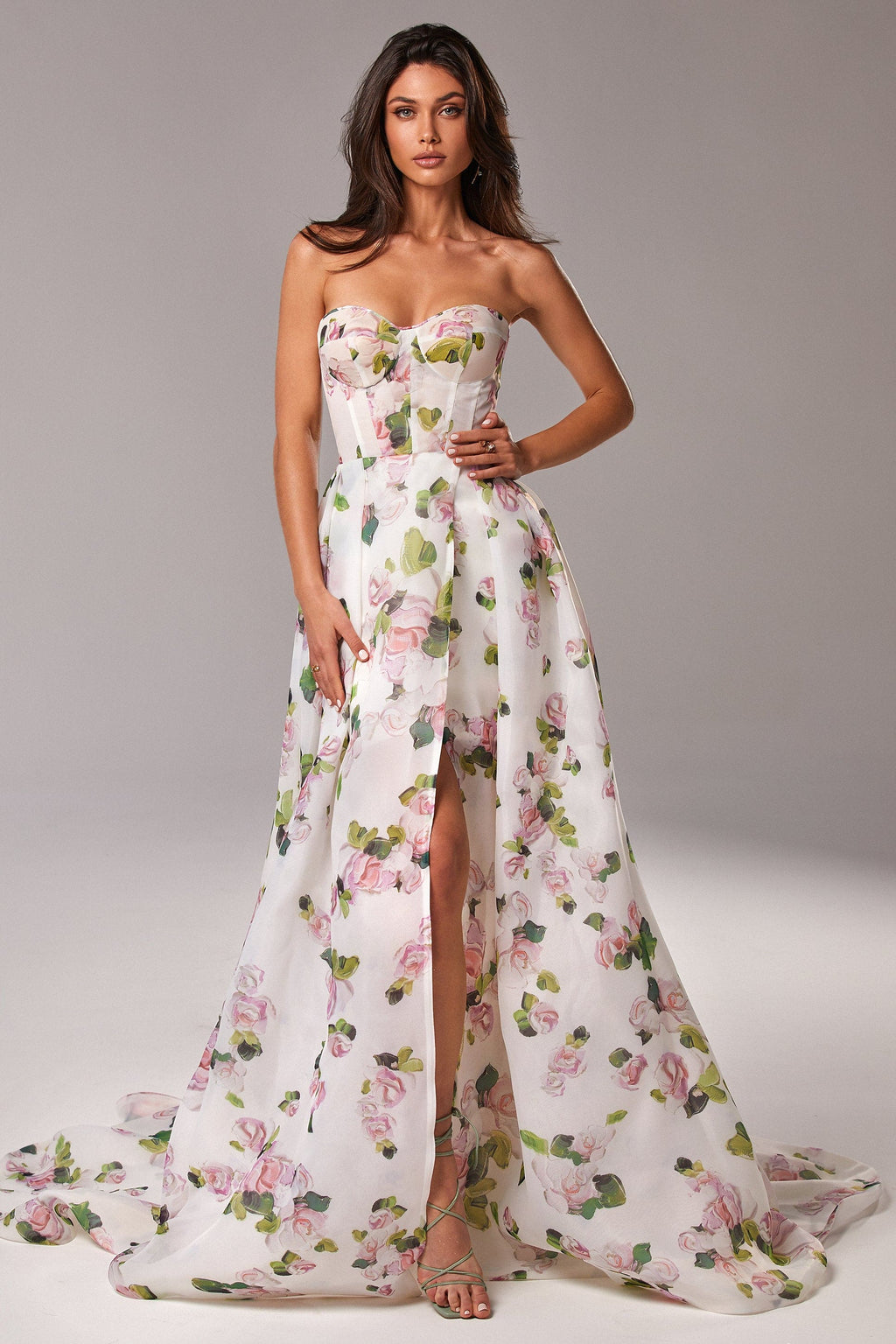 Apple Blossom Strapless maxi dress with front slit