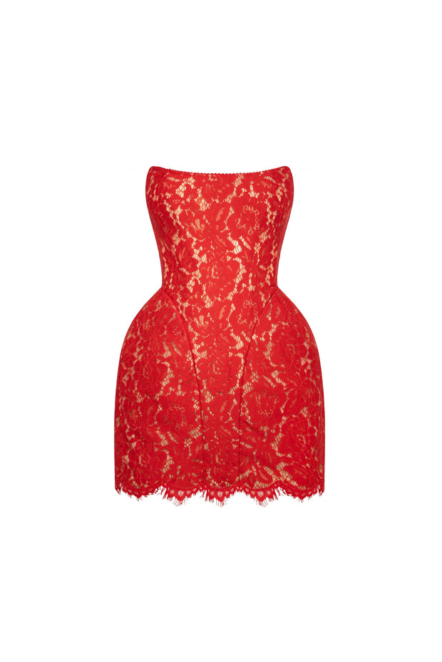 Fitted red lace mini dress