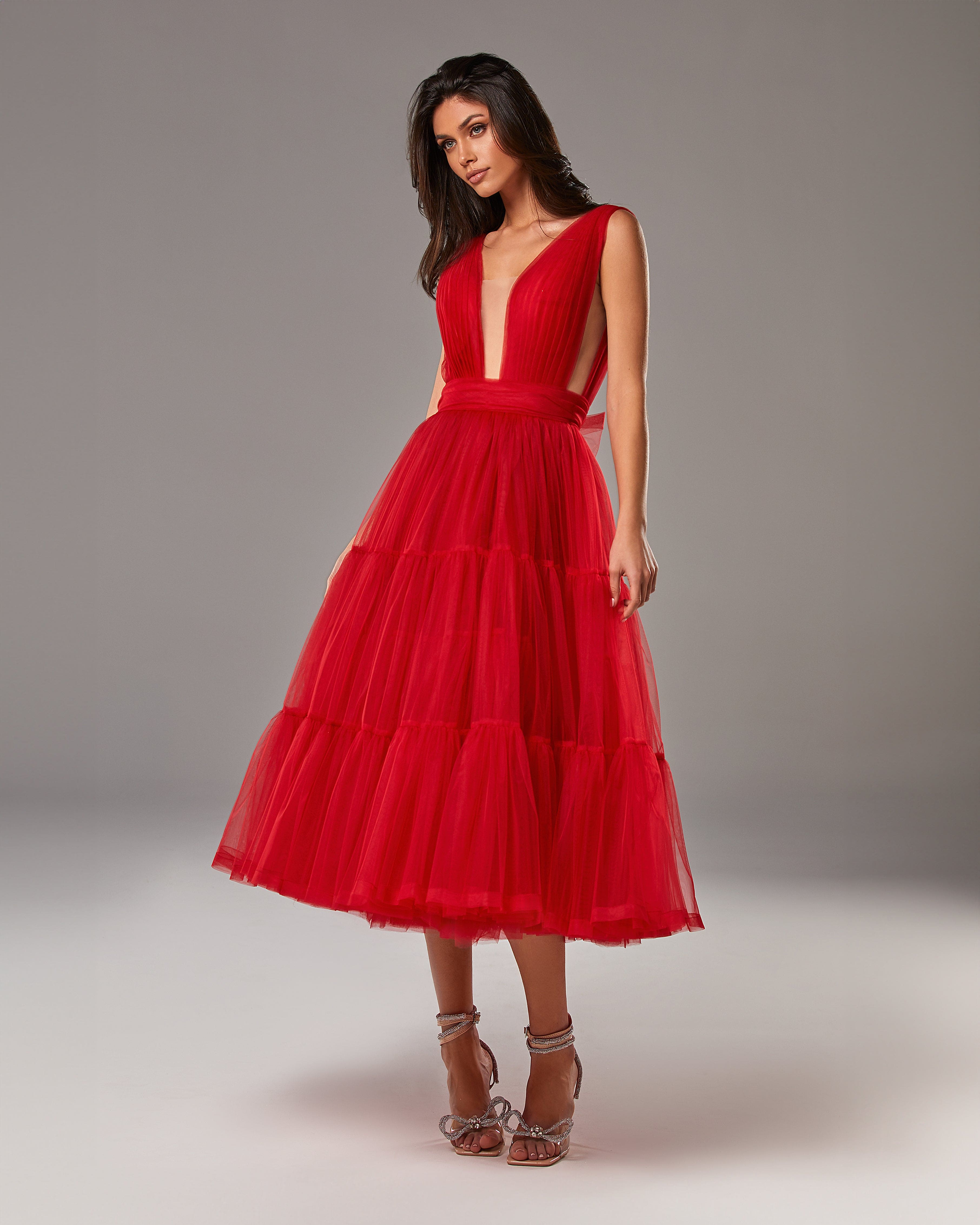 Coral Tie-strap cocktail dress with the elegant corset embroidery ➤➤ Milla  Dresses - USA, Worldwide delivery
