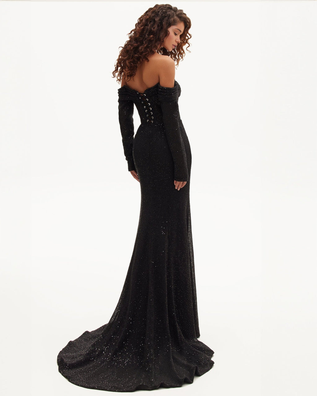 Elegant black off-the-shoulder sparkling maxi dress