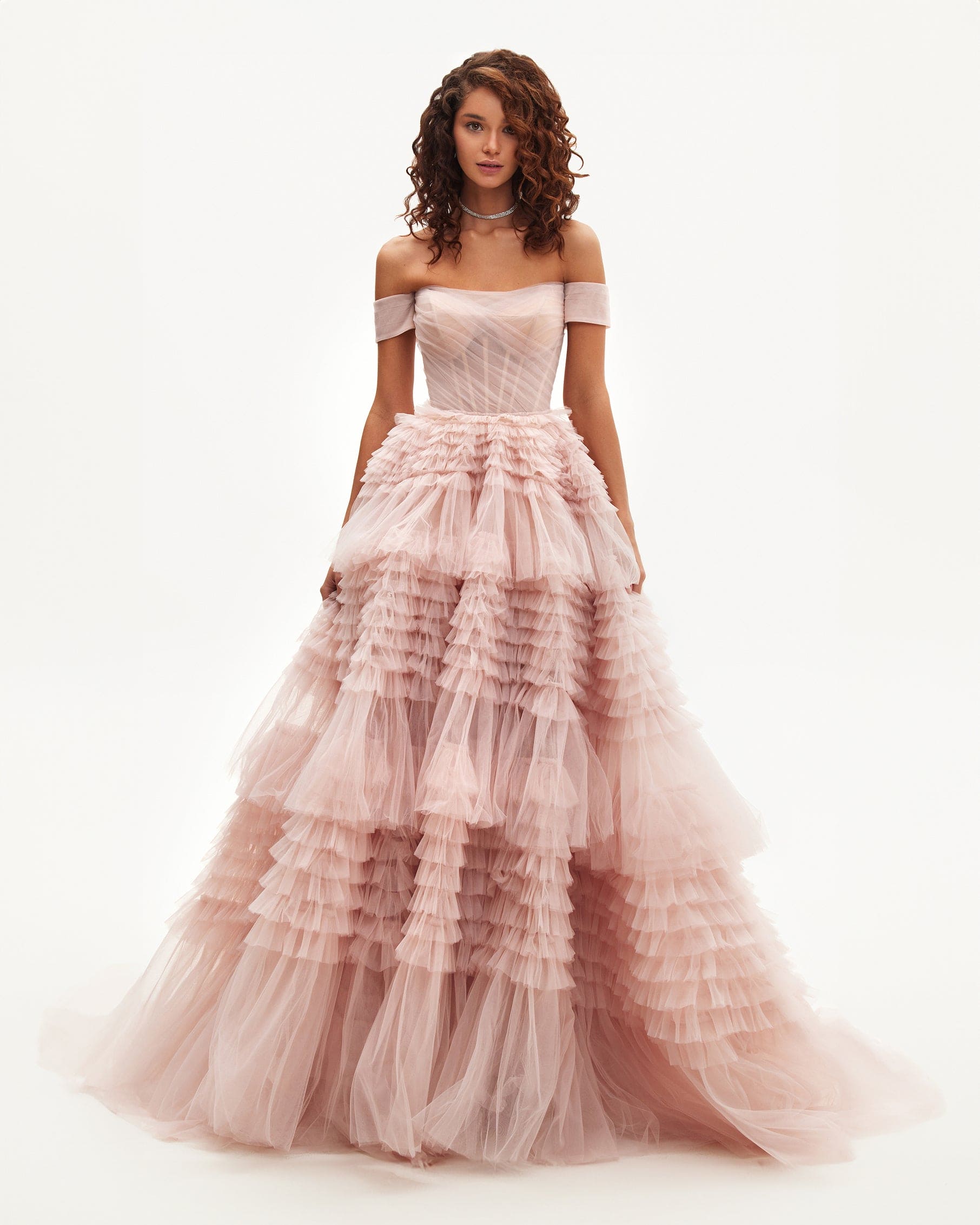 Misty Rose Off-The-Shoulder Frill-Layered Gown ➤➤ Milla Dresses