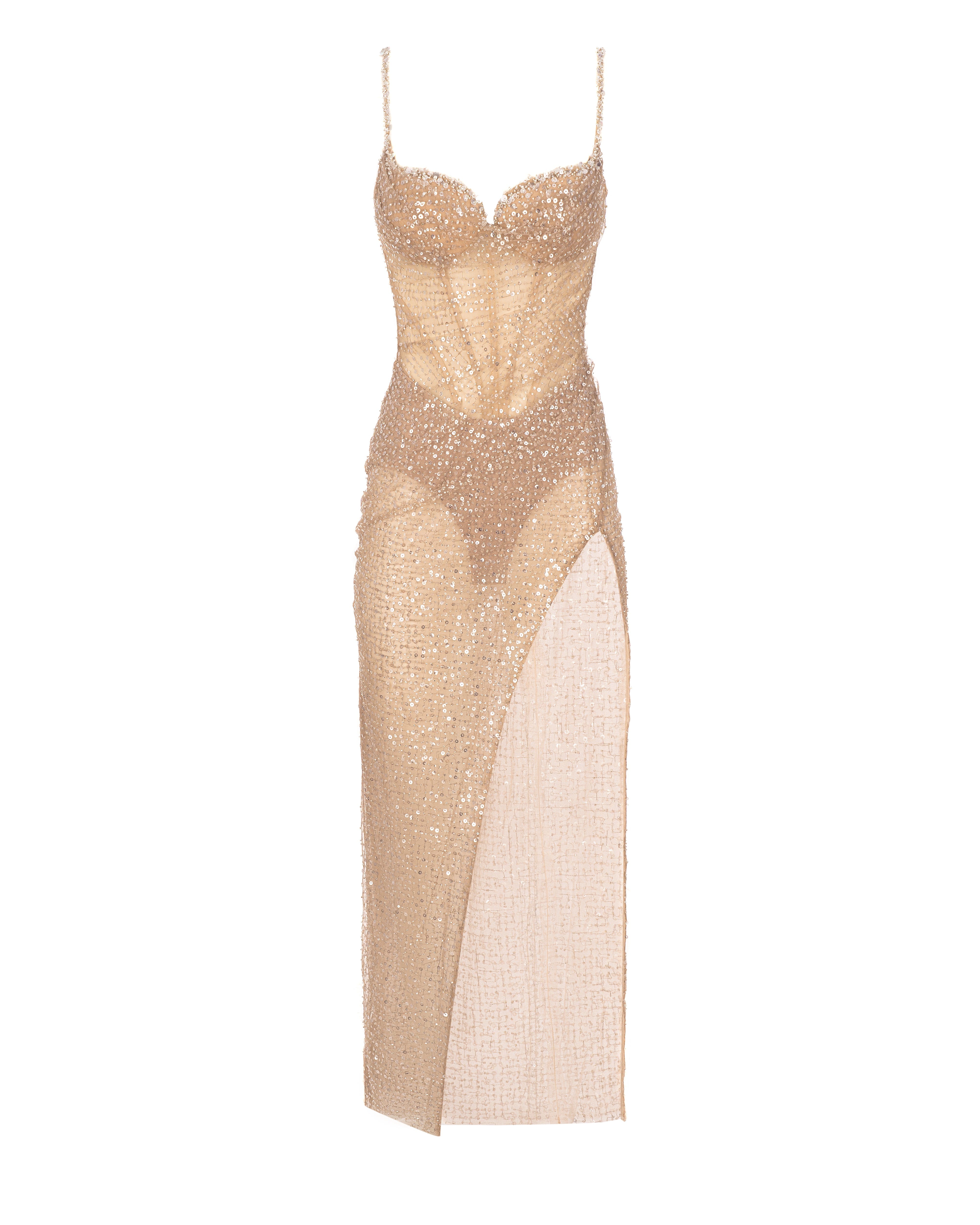 Sensational champagne gold crystal-embellished maxi dress on spaghetti straps