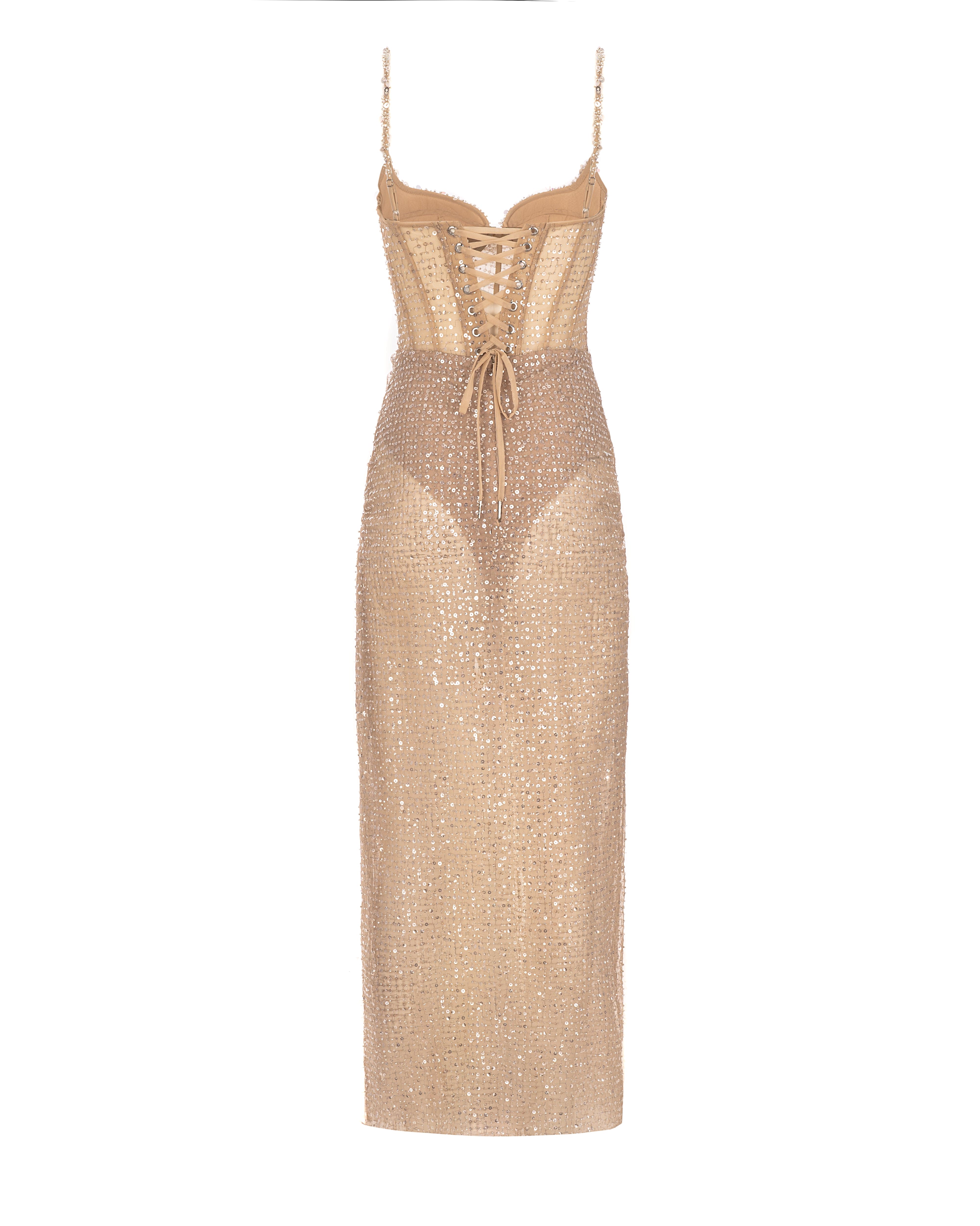 فستان طويل مثير مزين بالكريستال باللون الذهبي الشامبانيا مع أشرطة سباغيتي