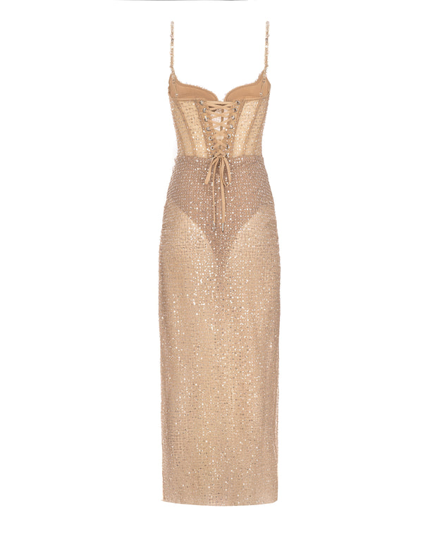 Sensational champagne gold crystal-embellished maxi dress on spaghetti ...