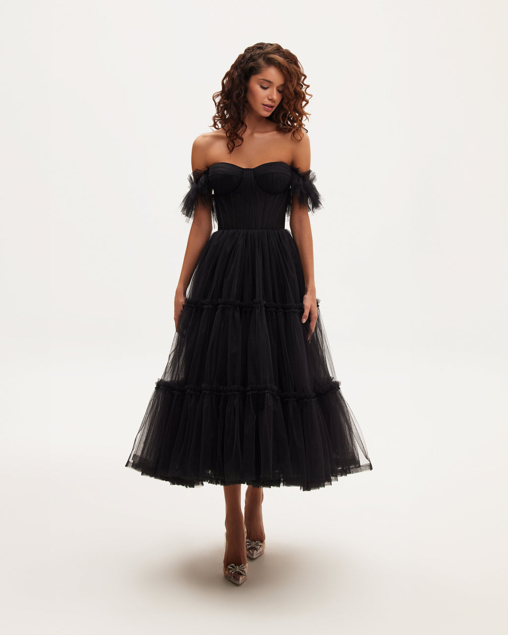 Black Ruffled Tulle Midi Dress
