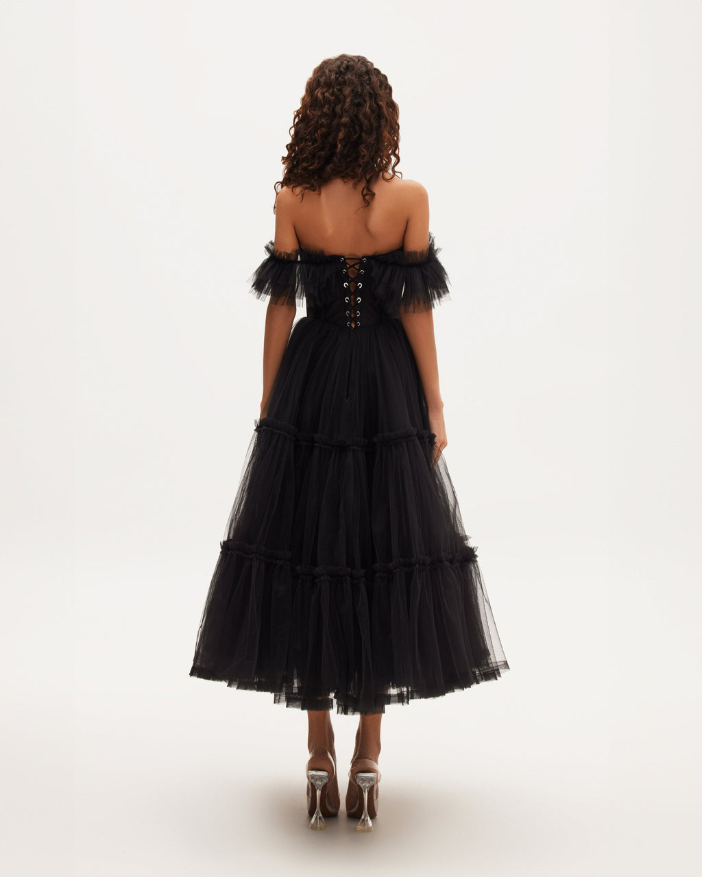 Black Ruffled Tulle Midi Dress