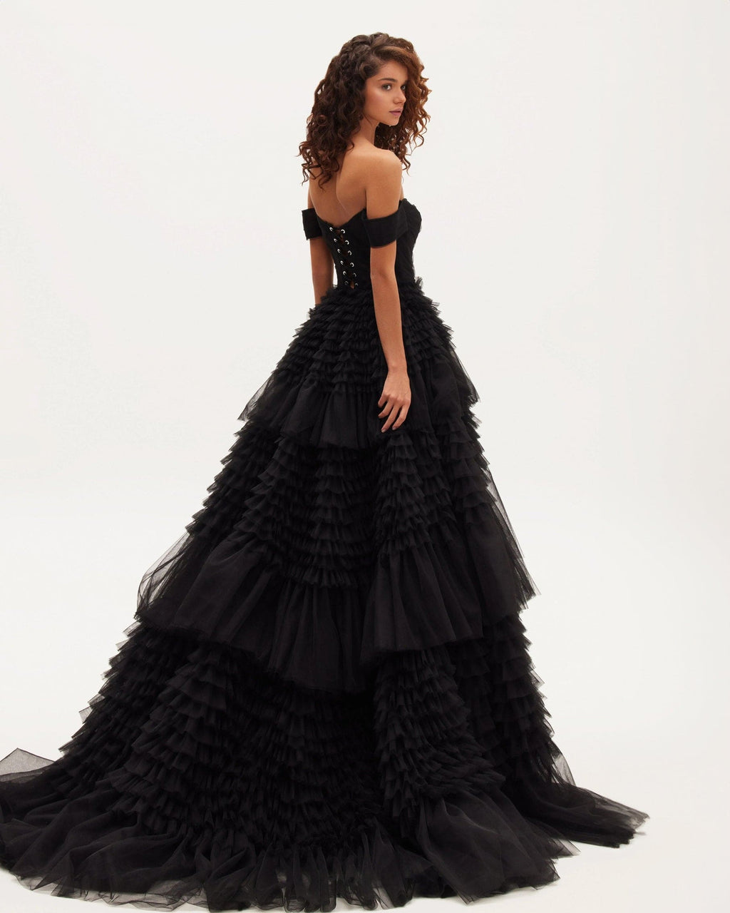 Black Off-The-Shoulder Frill-Layered Gown