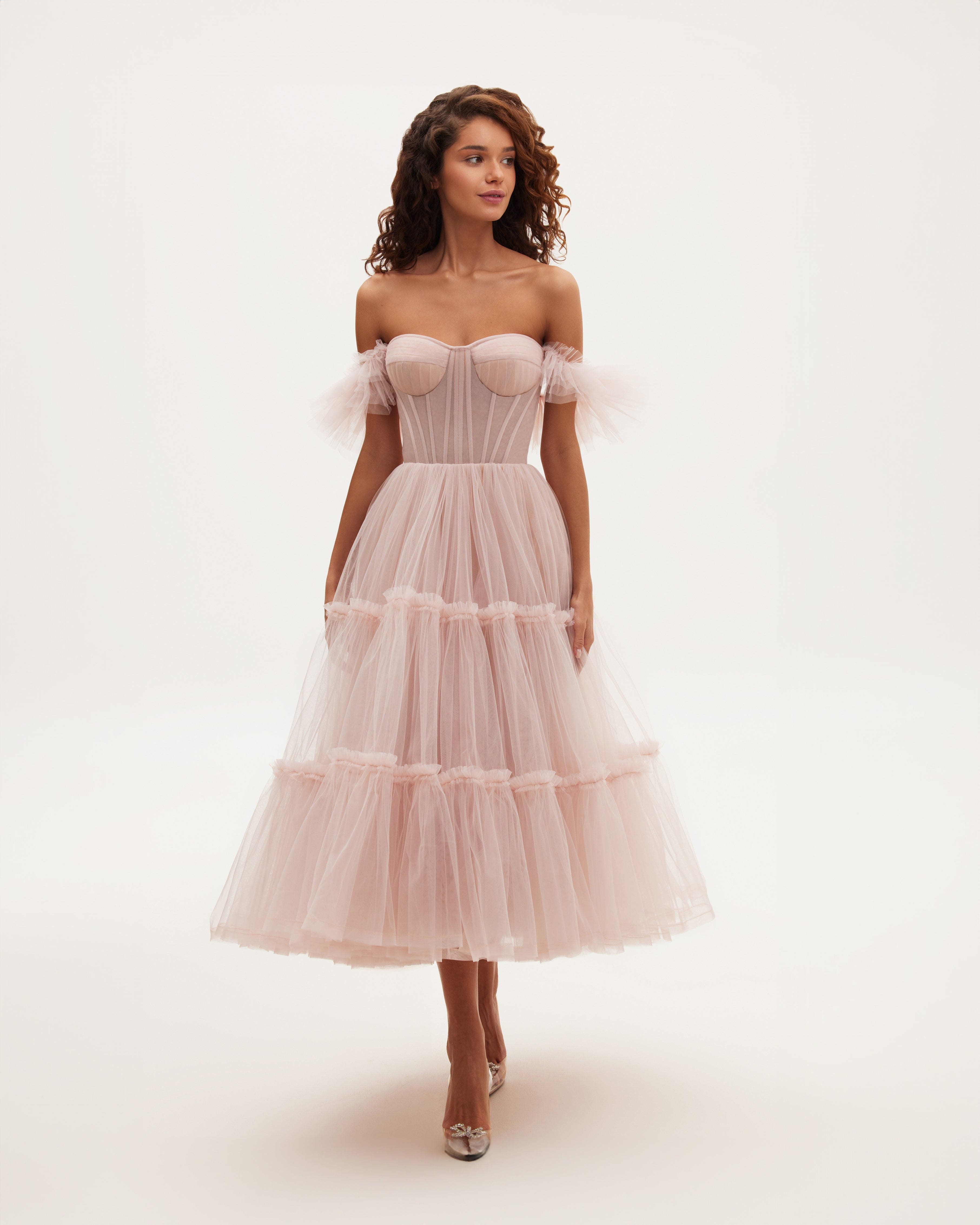 Misty Rose Ruffled Tulle Midi Dress - Main Image